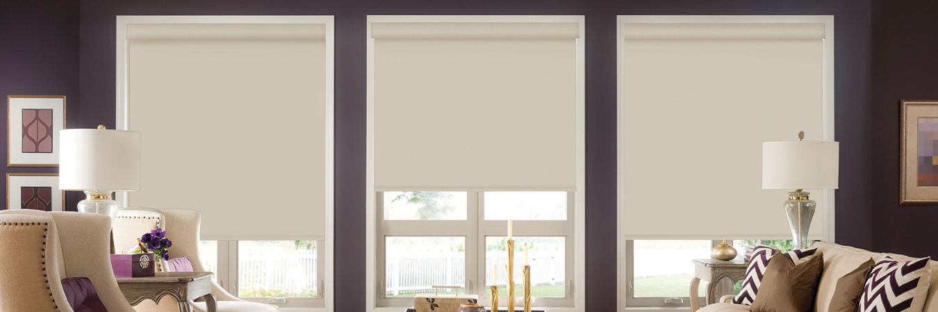 Cream colored roller shades on living room windows